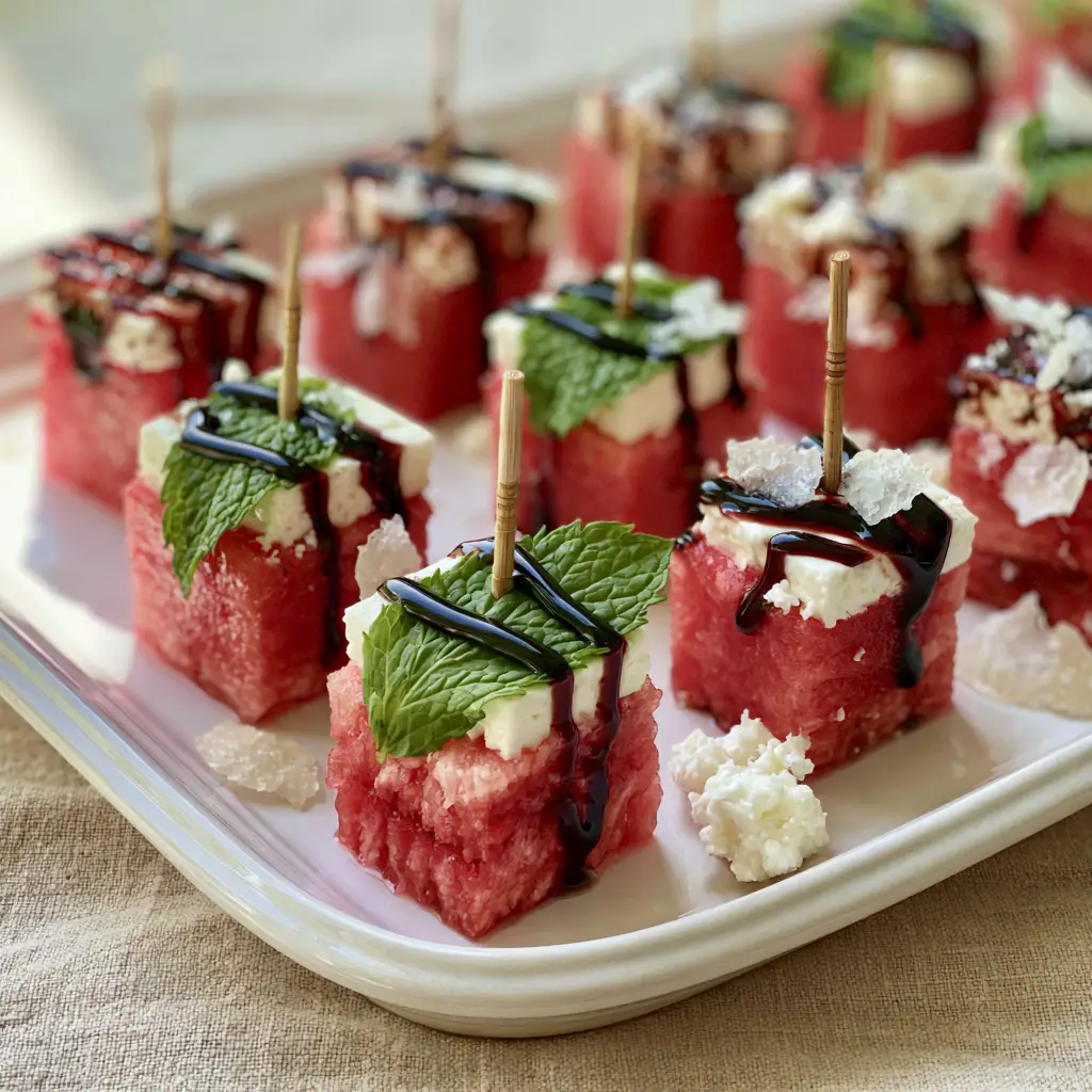 Watermelon Canapes Recipe: The Ultimate Sweet and Salty Summer Appetizer 2 A smartphone-style photo of an elegant white ceramic platter filled with structured watermelon canapes and balsamic glaze. (Watermelon Canapes recipe)