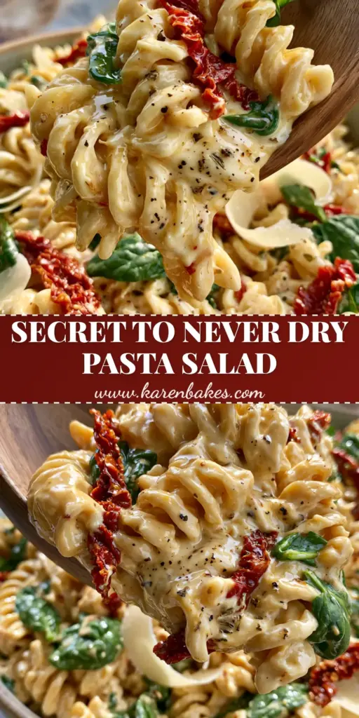 A close-up vertical shot of Creamy Tuscan Pasta Salad in a bowl with a wooden spoon, showcasing glossy rotini, sun-dried tomatoes, and fresh spinach.