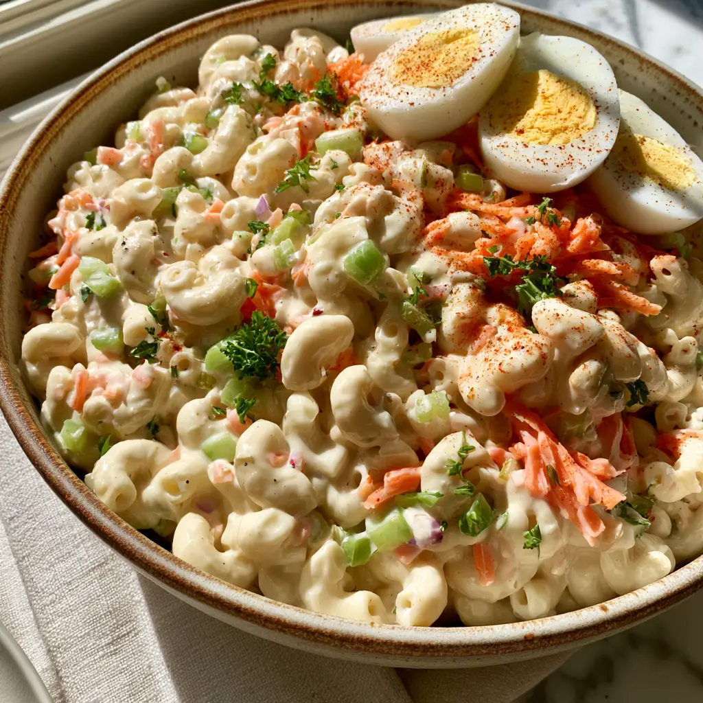 Handheld photo of a glossy macaroni salad recipe featuring orange carrots, green celery, and emerald parsley in a rustic bowl. (macaroni salad recipe)