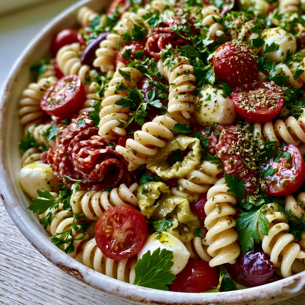 Top-down macro photo of Italian Antipasto Pasta Salad showing glossy herb vinaigrette on rotini and folded salami.