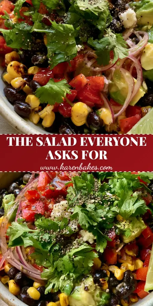 A close-up vertical shot of a vibrant black bean corn salad featuring charred corn, black beans, and avocado with a lime wedge. (black bean corn salad)