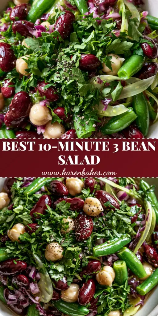 A professional Pinterest Pin image showing a top-down view of a vibrant 3 bean salad in a white bowl with a focus on the glossy dressing and fresh parsley.