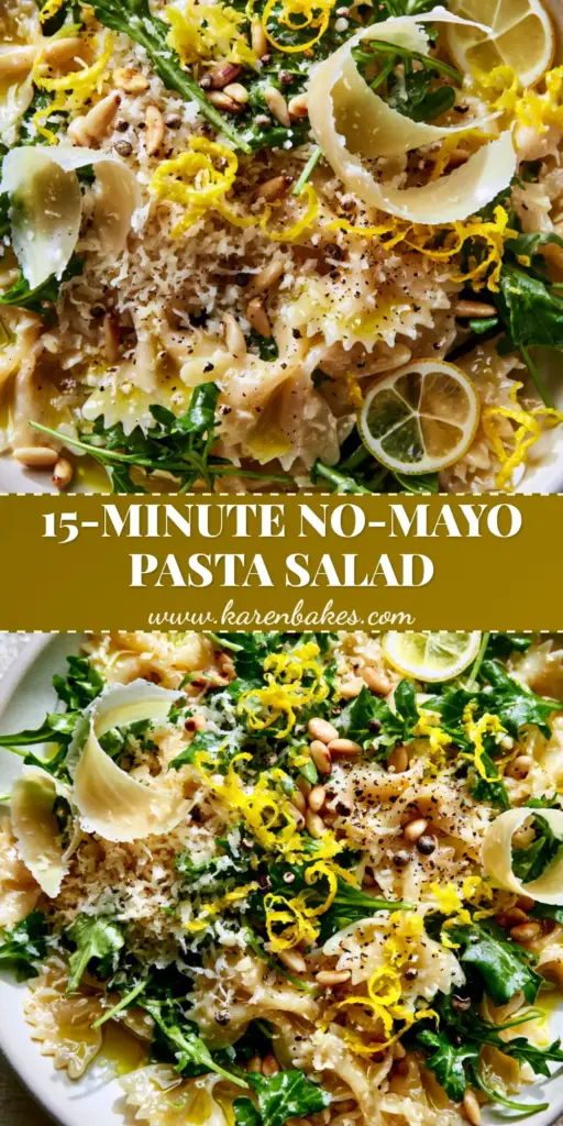 Lemon Parmesan Pasta Salad with Toasted Pine Nuts 4 Top-down view of Lemon Parmesan Pasta Salad featuring farfalle, arugula, and shaved parmesan in a matte-white bowl.