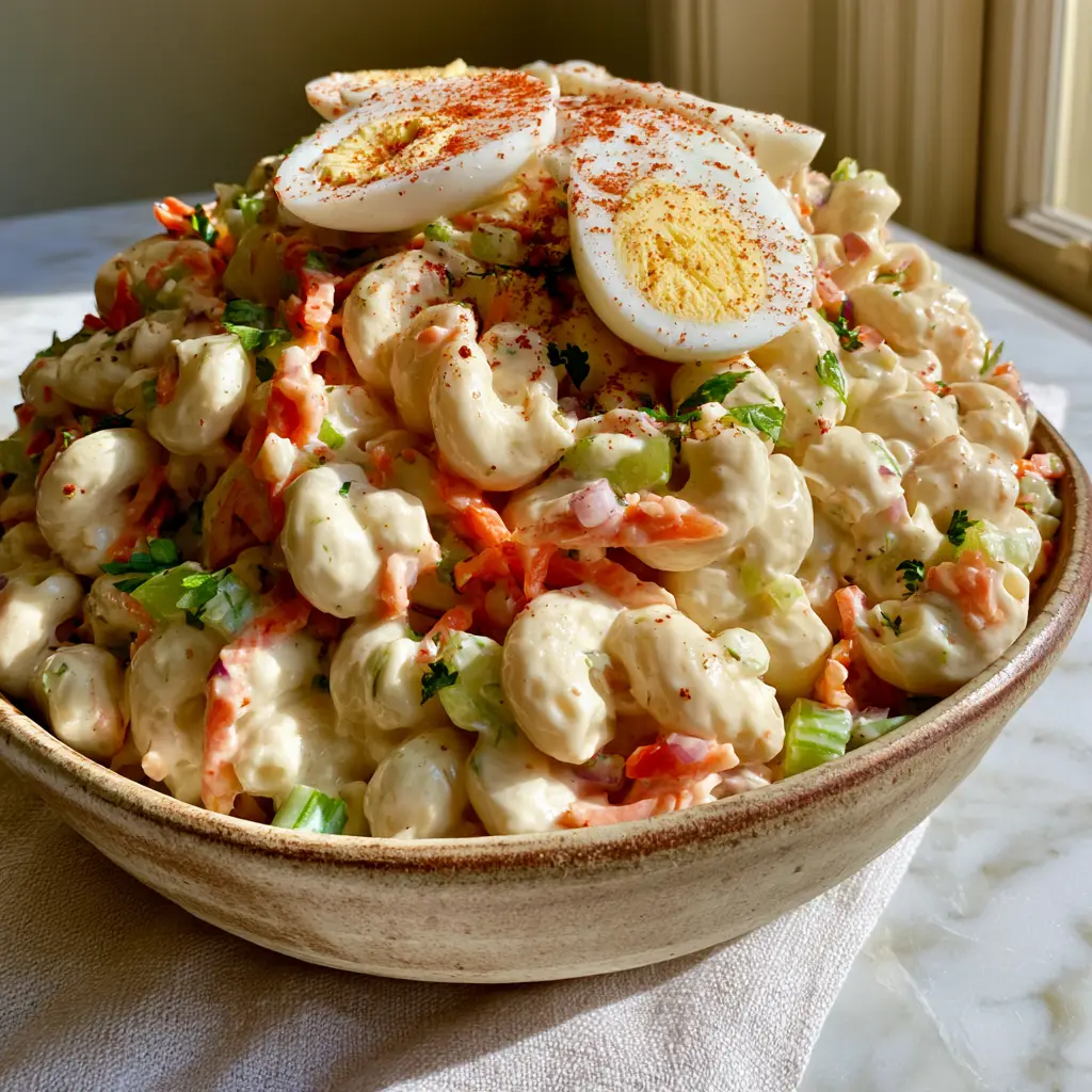 Close up of a macaroni salad recipe showing the thick ivory dressing, sliced eggs with yellow yolks, and a dusting of red paprika.