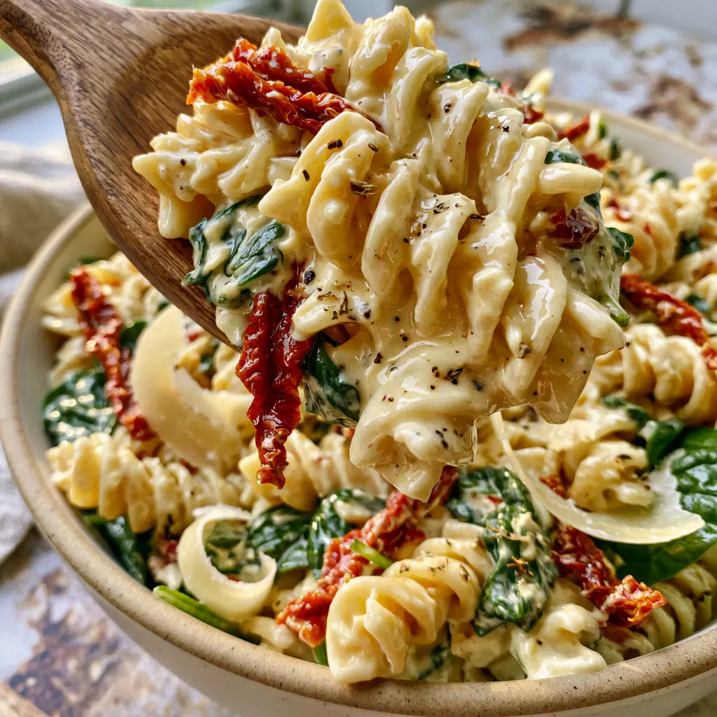 Handheld smartphone photo of Creamy Tuscan Pasta Salad in a ceramic bowl with sun-dried tomatoes and parmesan curls.