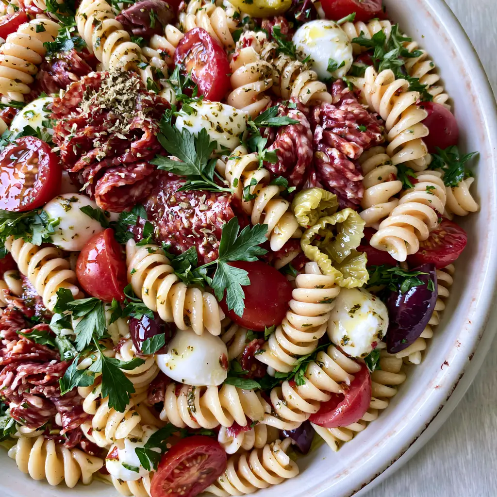 A smartphone photo of Italian Antipasto Pasta Salad featuring fresh mozzarella pearls and bright red tomatoes.