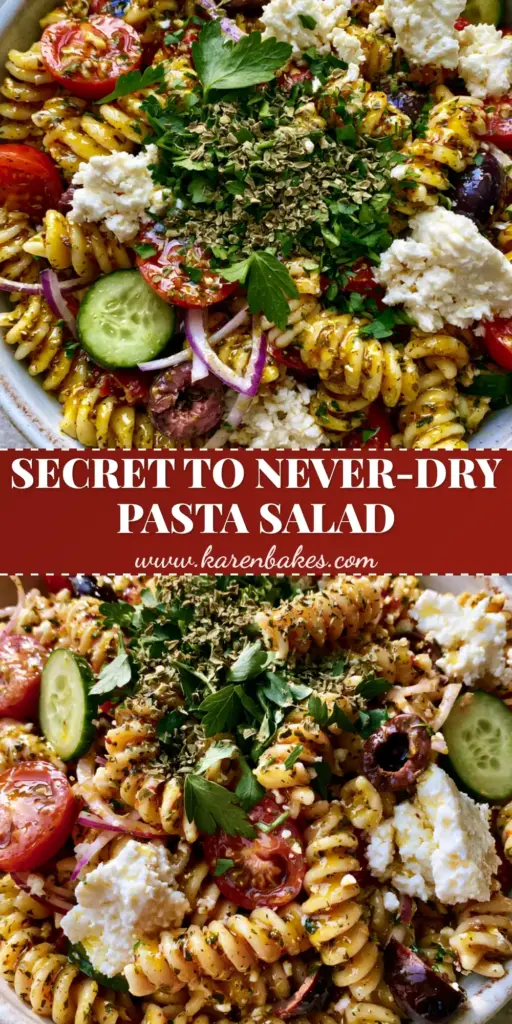 A smartphone photo of a vibrant, glistening Italian pasta salad in a rustic white bowl featuring rotini noodles, cherry tomatoes, and feta cheese.