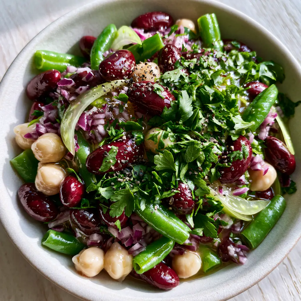 Macro professional photograph of a 3 bean salad featuring dark red kidney beans, chickpeas, and emerald green beans in a white ceramic bowl.