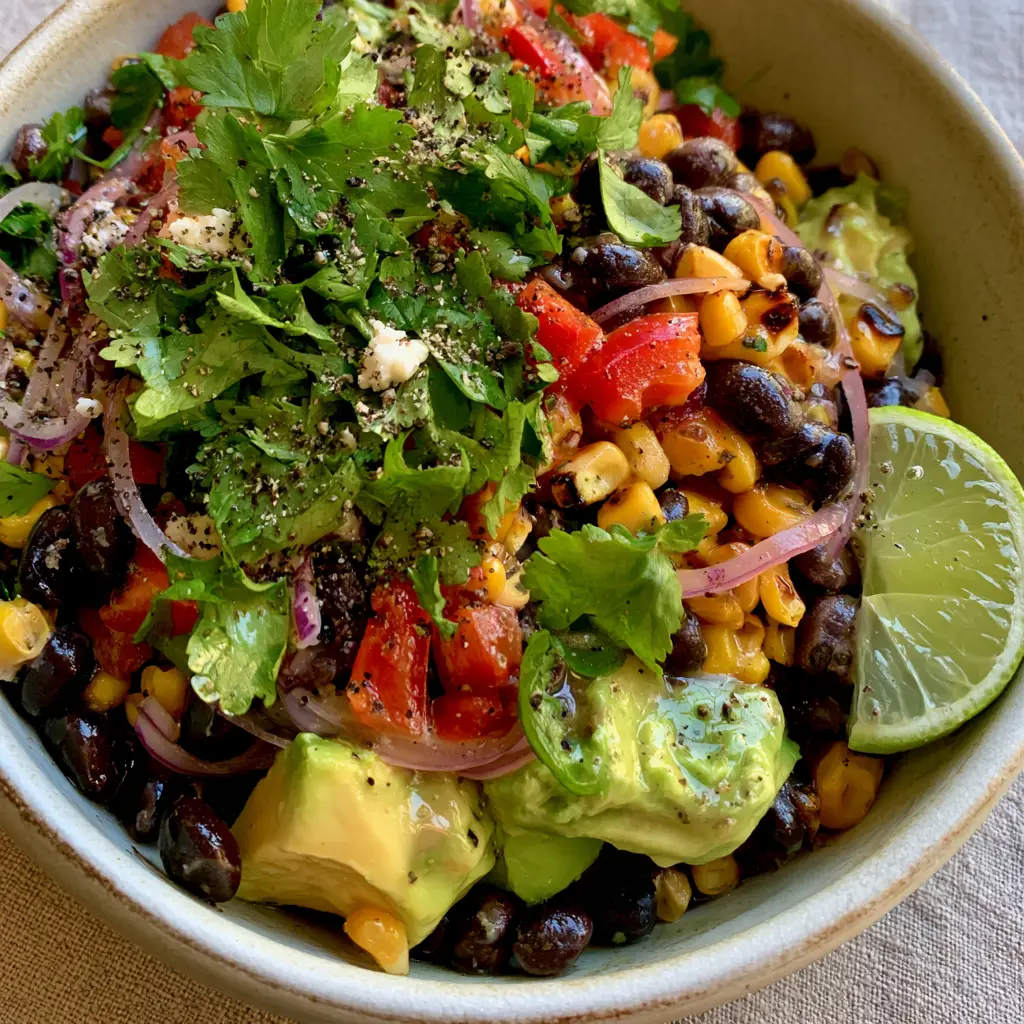 Macro top-down view of black bean corn salad in a white ceramic bowl with glossy beans and charred corn. (black bean corn salad)