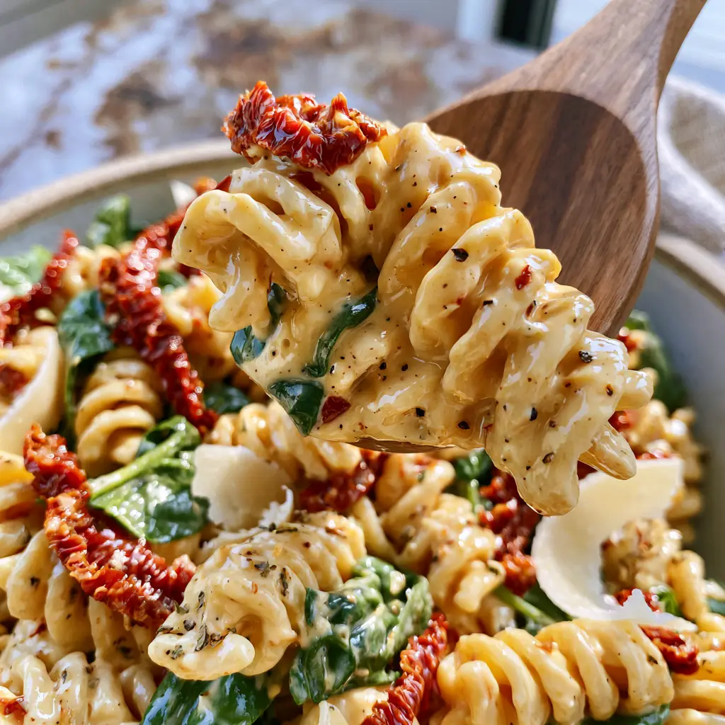 A wooden spoon lifting a portion of Creamy Tuscan Pasta Salad, showing the creamy texture and vibrant spinach leaves.