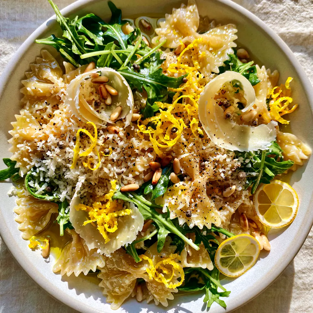 Close-up of al dente farfalle pasta glistening with lemon-olive oil dressing and fresh lemon zest curls. (Lemon Parmesan Pasta Salad)