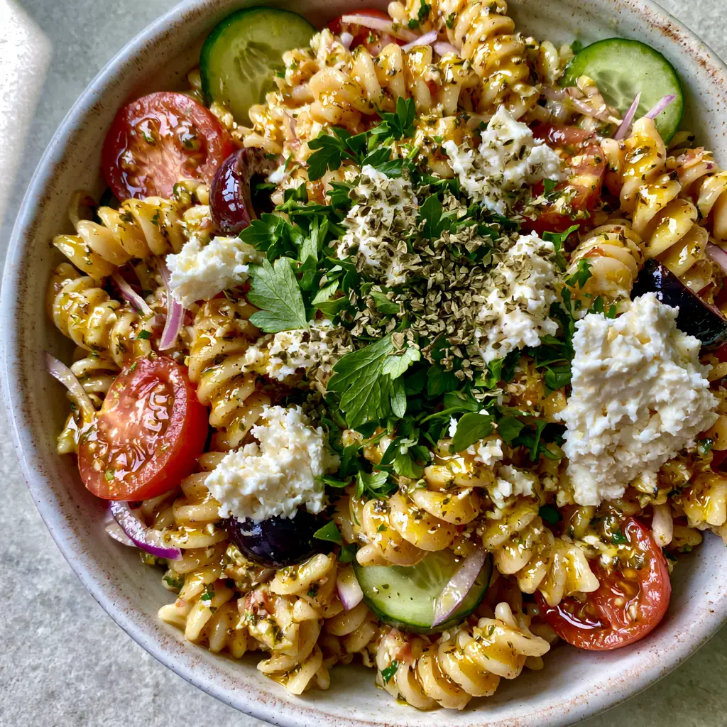 Close up of al dente rotini pasta salad coated in a thick golden herb vinaigrette with cucumbers and tomatoes.