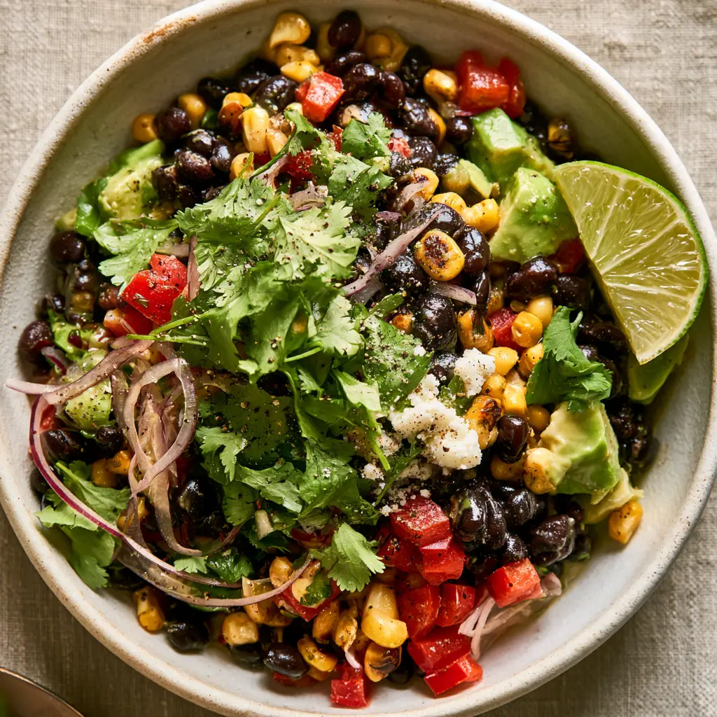 Close-up shot of the lime-cilantro vinaigrette glistening on black bean corn salad ingredients.