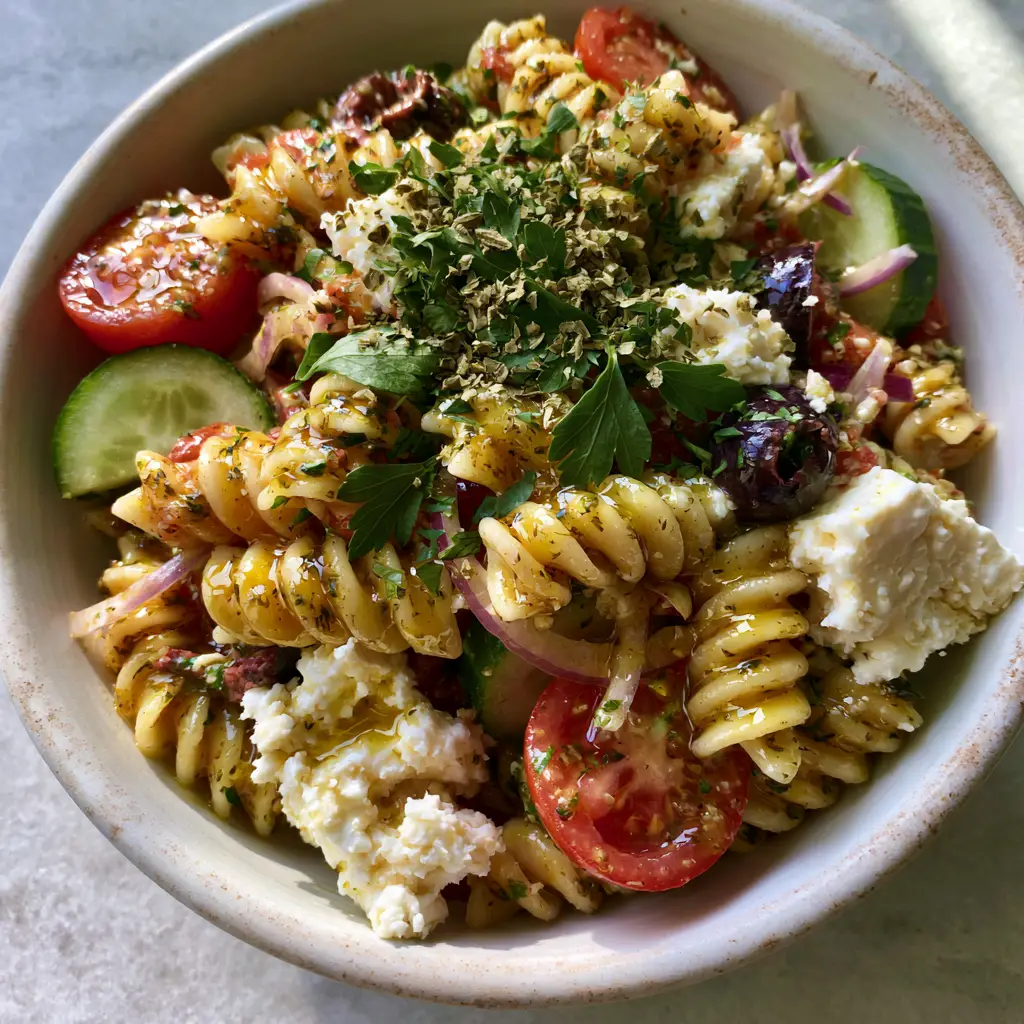 Bird's eye view of a rustic bowl filled with colorful pasta salad featuring red onions, black olives, and creamy feta.
