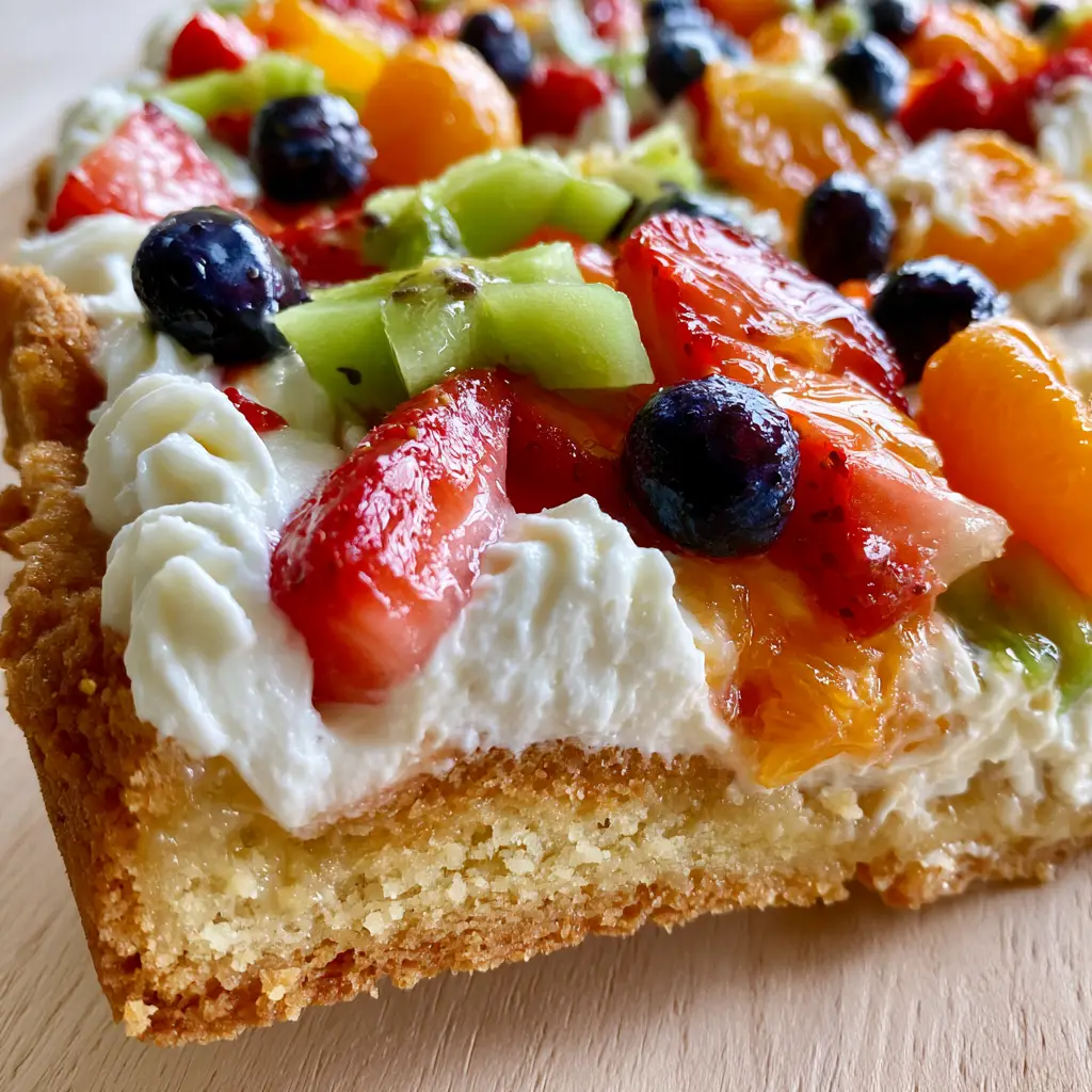 Vibrant Fruit Pizza with mandarin segments, strawberries, and blueberries on a wooden background.