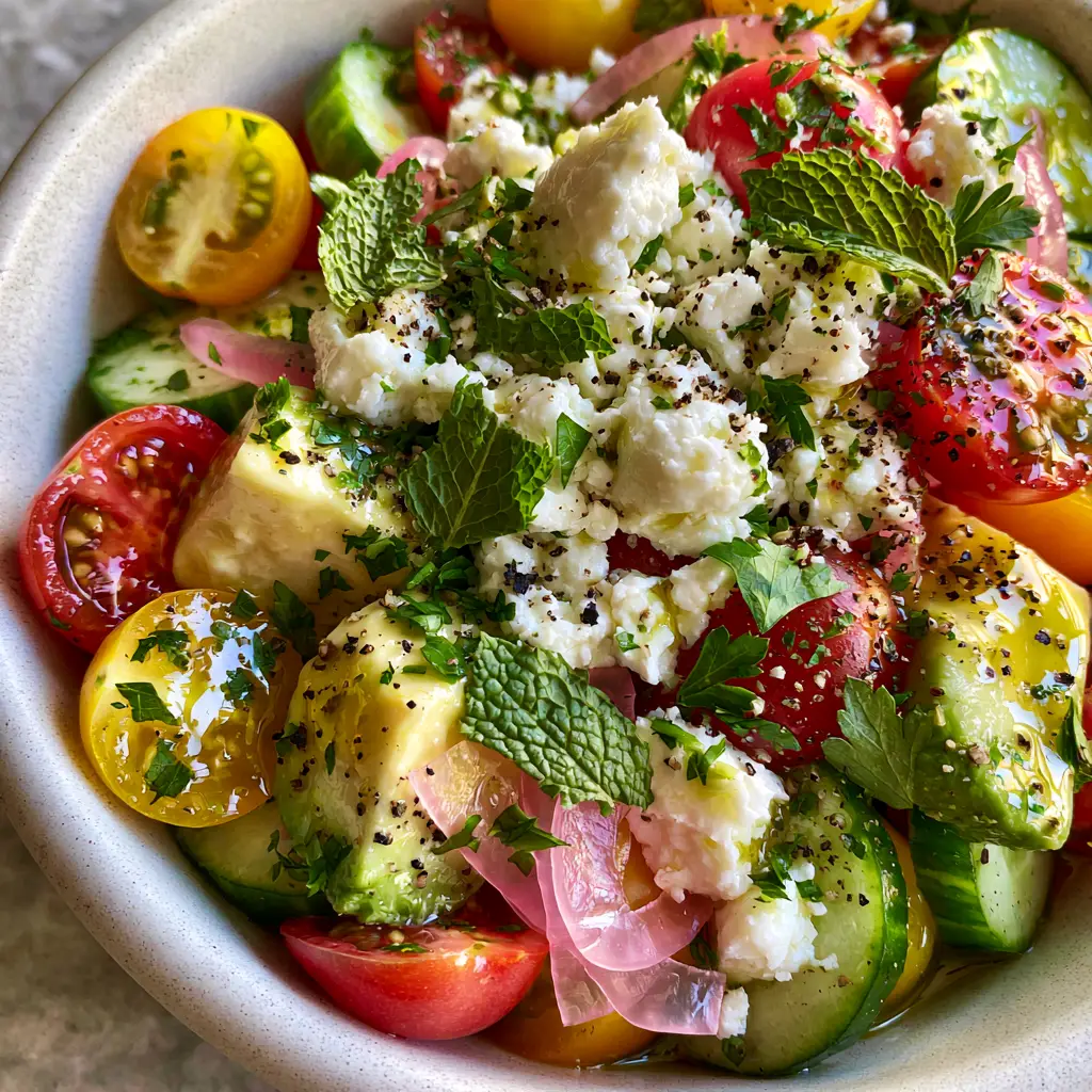 Overhead extreme close-up of heirloom cherry tomatoes and cucumbers in a Mediterranean summer side dish.