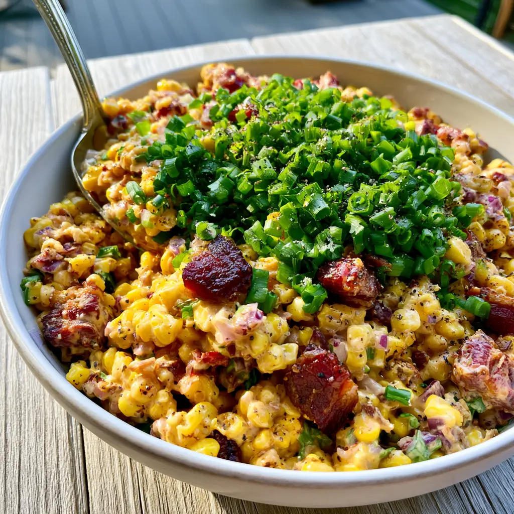 A silver spoon scooping a portion of creamy crack corn salad with crispy bacon chunks.