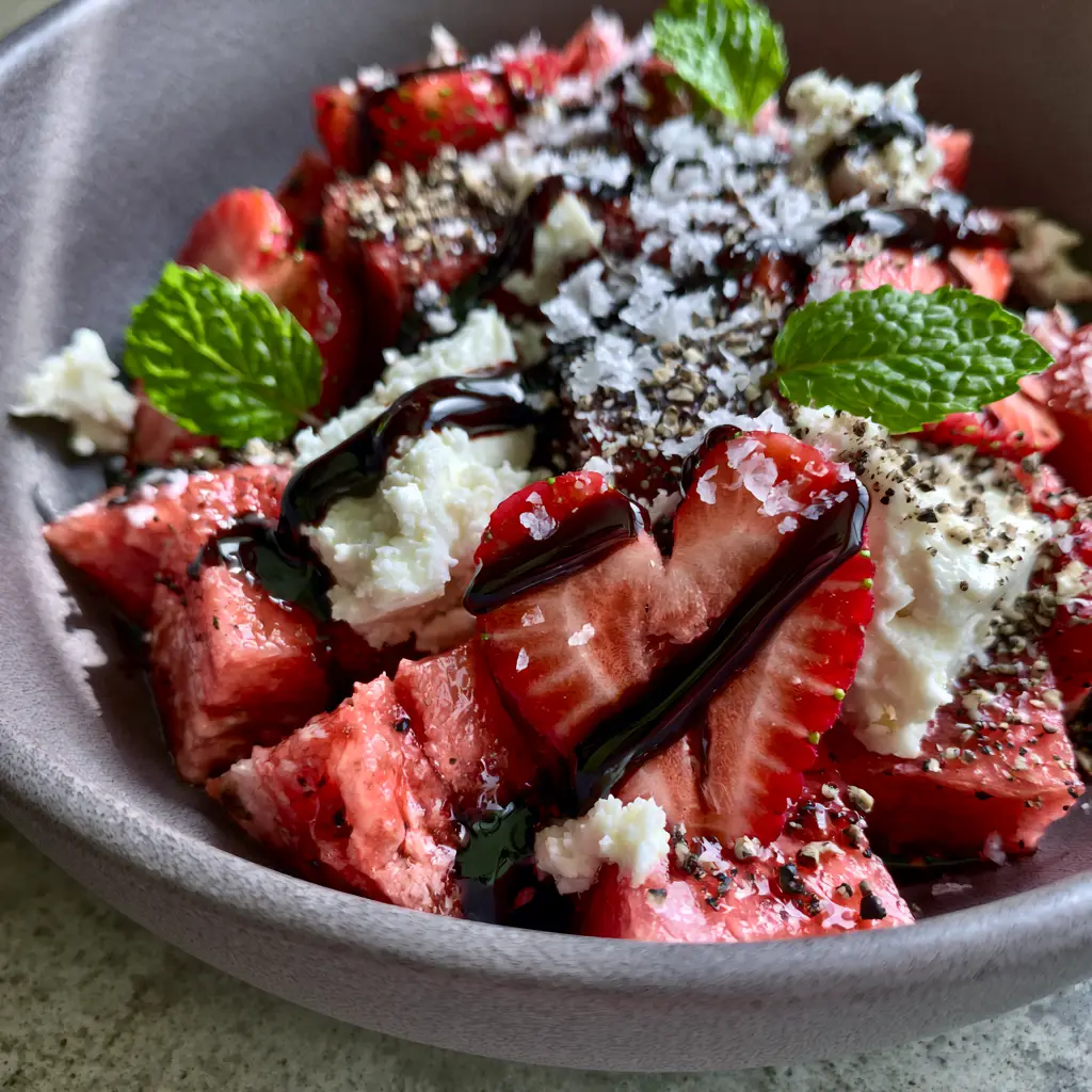 Detailed view of balsamic glaze ribbons over white feta cheese and mint in a strawberry watermelon salad.