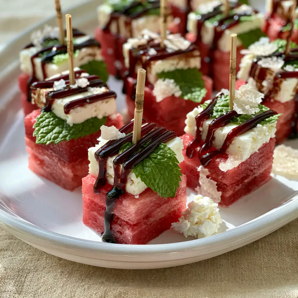 Watermelon Canapes Recipe: The Ultimate Sweet and Salty Summer Appetizer 1 Close up of watermelon cubes with feta, mint leaves, and a mahogany balsamic glaze zigzag. (Watermelon Canapes recipe)
