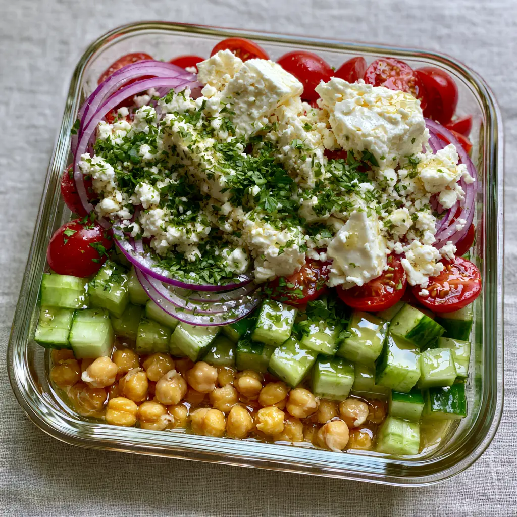 Mediterranean Feta Salad: The Ultimate Crisp Meal Prep Bowl 1 Mediterranean Feta Salad displayed on a light grey linen surface in soft morning daylight, highlighting the fresh red onion slivers and chopped parsley.