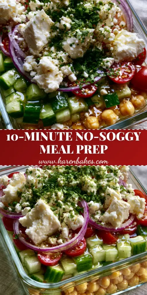 Mediterranean Feta Salad: The Ultimate Crisp Meal Prep Bowl 3 A high-angle smartphone photo of a Mediterranean Feta Salad in a glass meal prep container, showing layers of chickpeas, cucumbers, tomatoes, and large feta chunks with parsley.