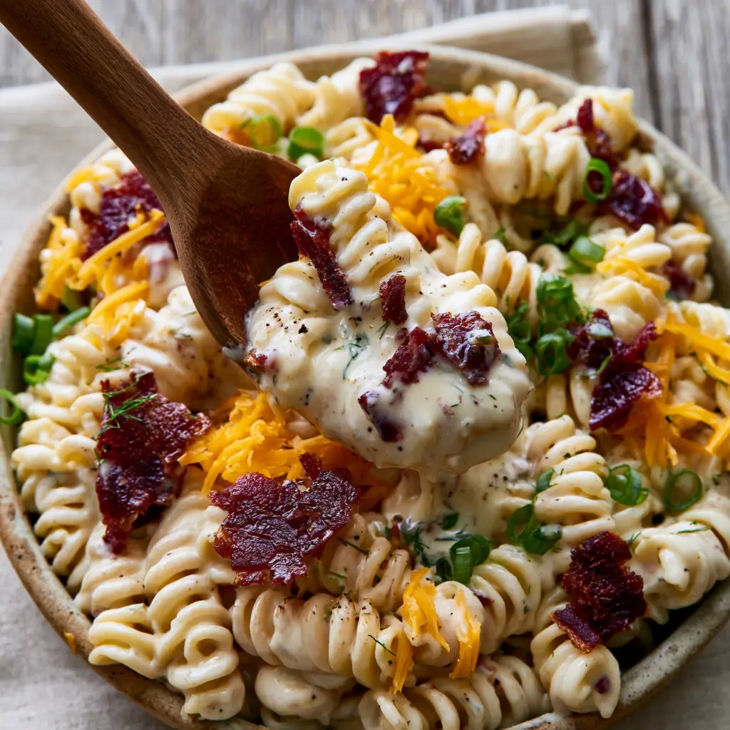 Close up of creamy ranch pasta salad showing the luxurious texture of the ivory sauce and jagged bacon pieces.