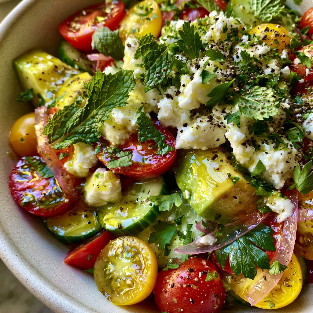 Detailed shot of crumbled feta and fresh herbs atop a refreshing cucumber tomato salad.