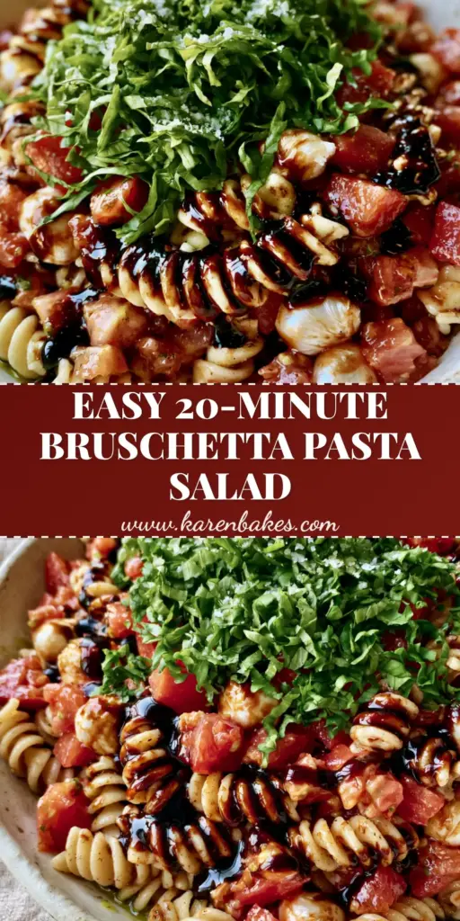 A top-down view of a vibrant Bruschetta Pasta Salad with rotini, tomatoes, mozzarella pearls, and a thick balsamic glaze drizzle in a rustic bowl.