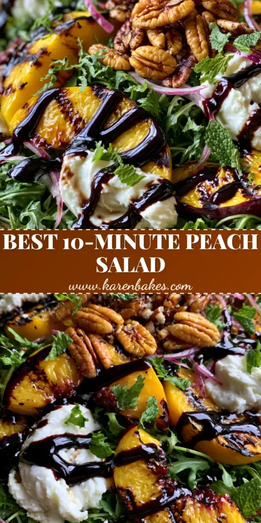 A close-up vertical shot of a vibrant grilled peach salad recipe with goat cheese and balsamic glaze. (peach salad recipe)