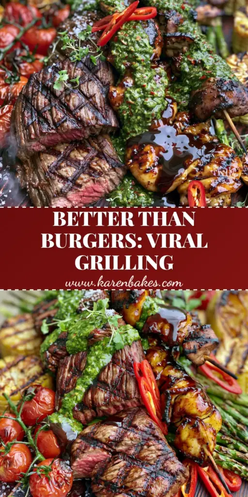A vibrant summer grilling platter with crosshatch grilled flank steak, honey-garlic chicken skewers, charred corn, and blistered tomatoes on a dark wood board. (summer grilling recipes)