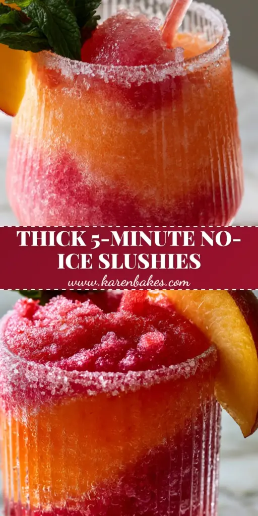 A close up of two alcoholic slushies with a sunset swirl of peach and strawberry, garnished with mint and a sugar rim.