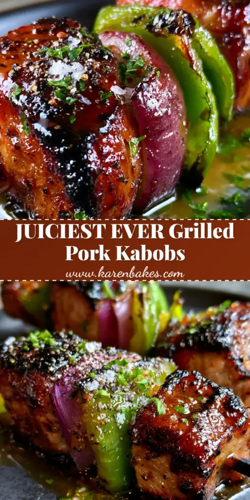 Extreme macro close-up of two grilled pork kabobs with a heavy glistening amber glaze and charred green peppers on a charcoal platter. (grilled pork kabobs)