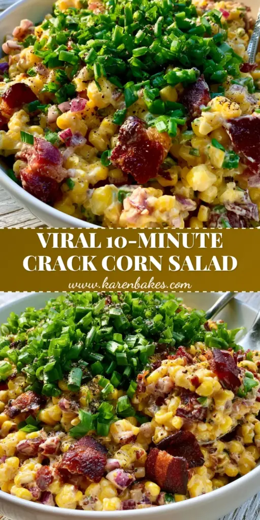 A close-up shot of crack corn salad in a white ceramic bowl with crispy mahogany bacon and fresh scallions.