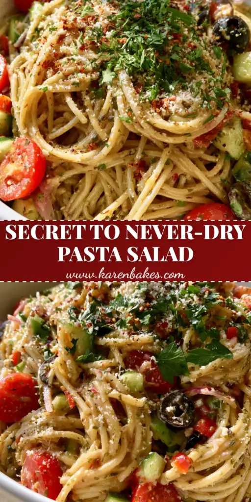 Close-up of a large white bowl of Zesty Spaghetti Salad with glossy noodles, red cherry tomatoes, and green peppers in natural sunlight.