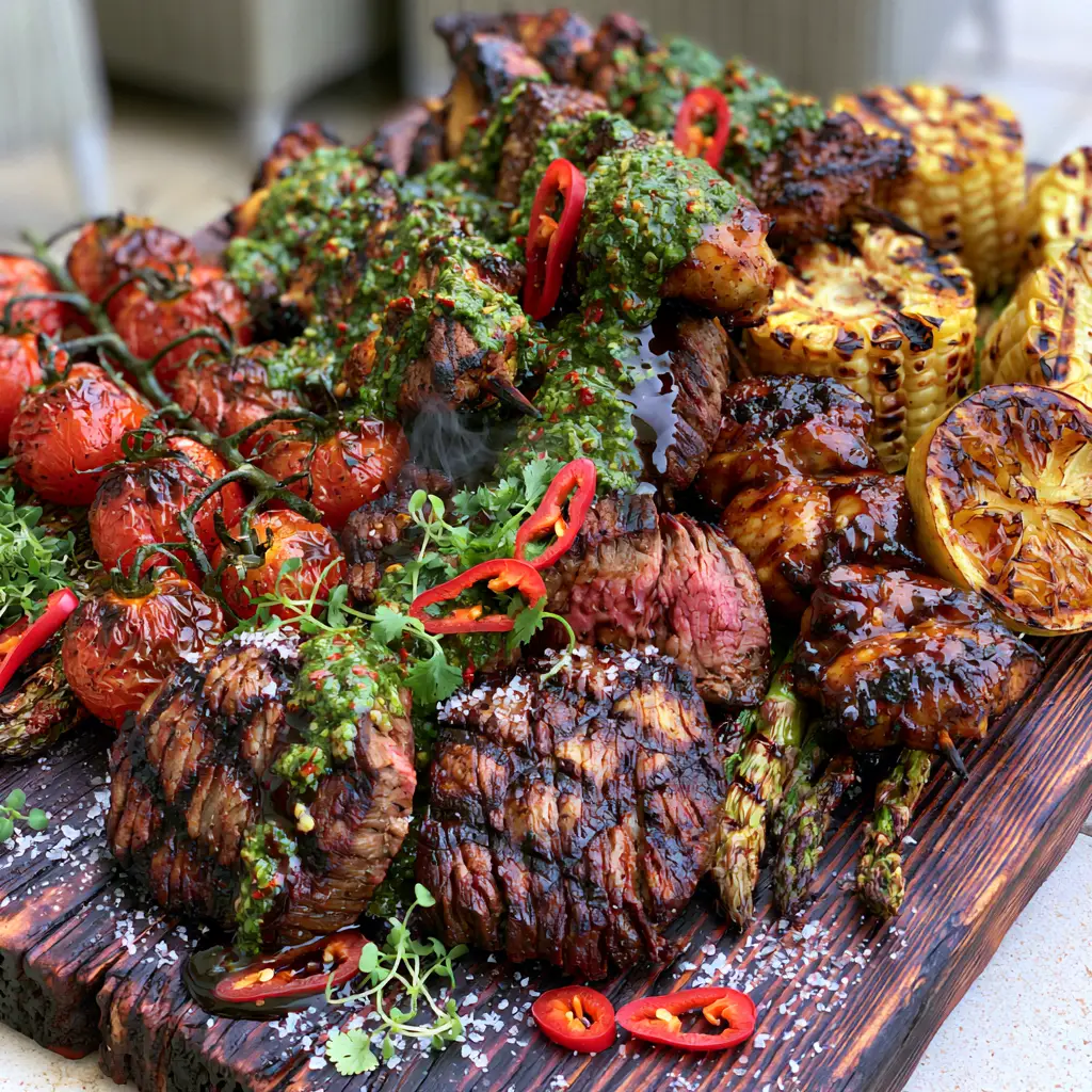 Close up of grilled flank steak medallions with crosshatch marks and vibrant green chimichurri sauce. (summer grilling recipes)