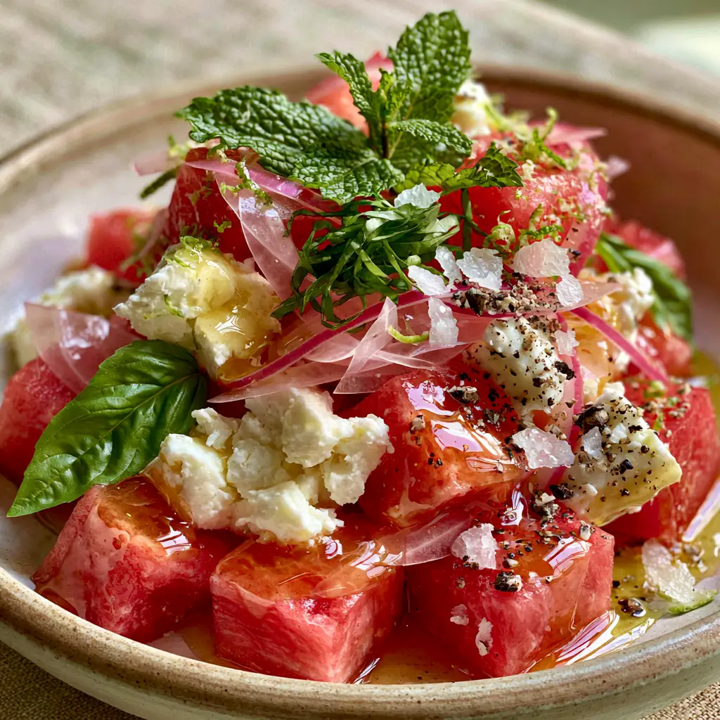 Watermelon Recipes: The Ultimate Glossy Feta and Lime-Honey Salad 2 Macro smartphone photo of crisp watermelon cubes with translucent red onion slivers and fresh herbs, perfect for watermelon recipes.