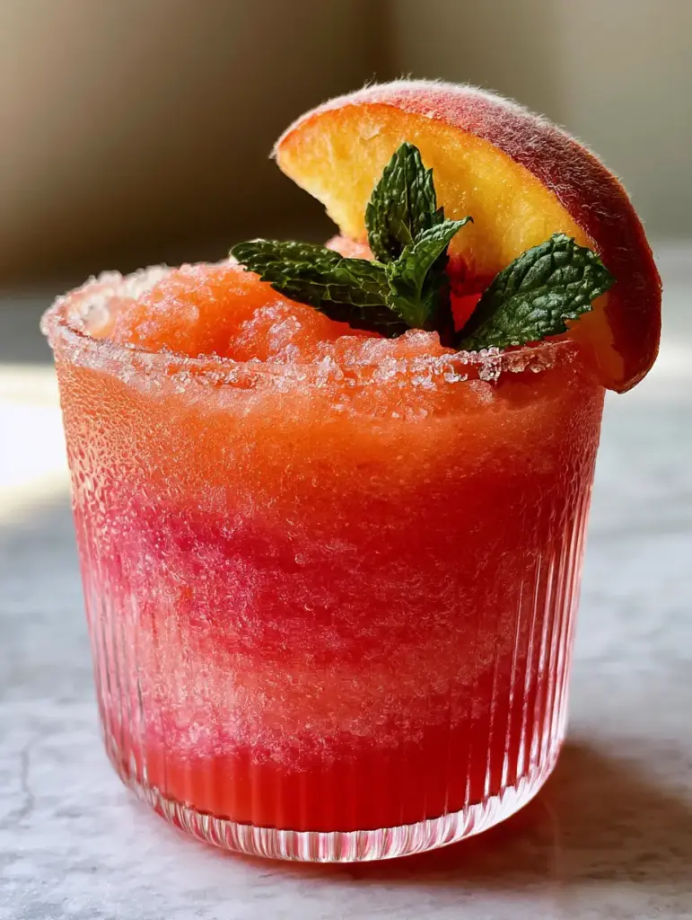 Handheld smartphone photo of a thick peach and strawberry wine slushie being poured into a ribbed glass. (alcoholic slushies)