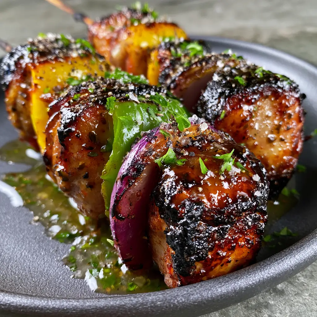 Close-up of grilled pork kabobs showing dark caramelized edges and blistered red onion chunks. (grilled pork kabobs)