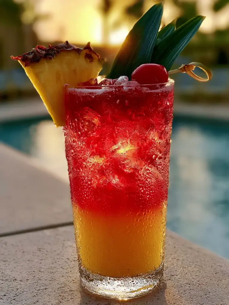 Smartphone photo of a Malibu Bay Breeze Cocktail showing heavy condensation and artisanal ice at golden hour.