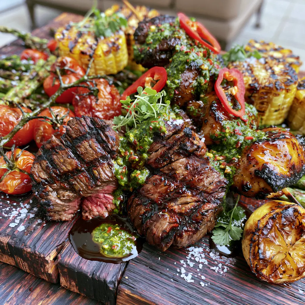 Honey-garlic chicken skewers with charred edges served with blistered cherry tomatoes and grilled asparagus.