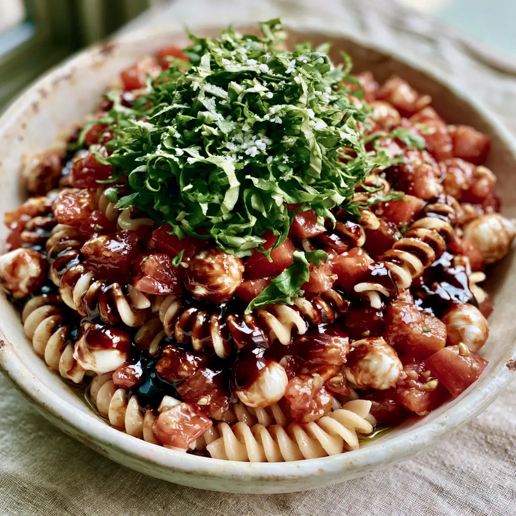 A wide angle shot of the Bruschetta Pasta Salad plated in a rustic ceramic bowl on a linen surface with natural window lighting.