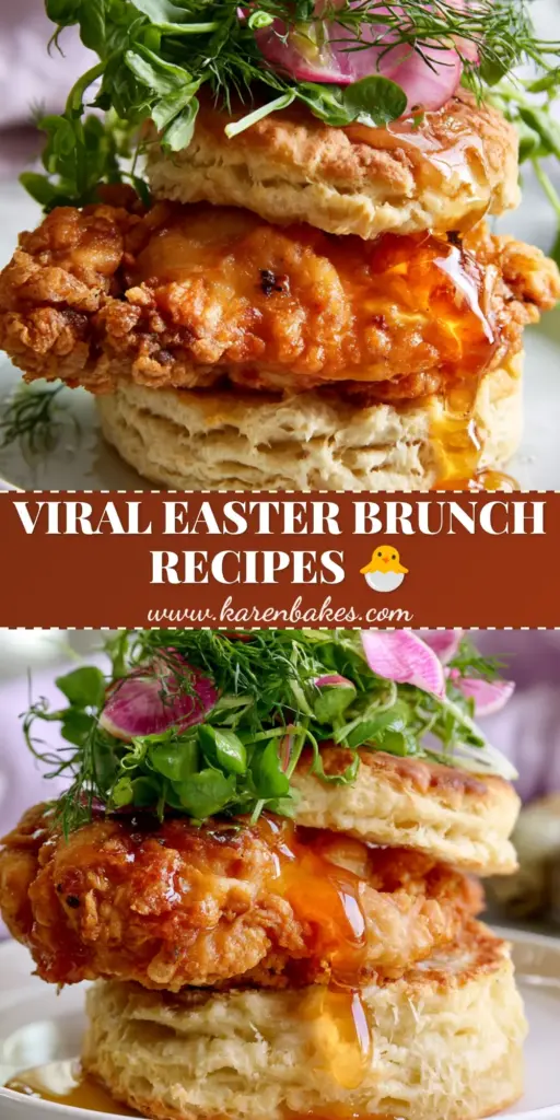 A towering gourmet fried chicken slider with honey glaze, pea shoots, and radishes, ideal for Easter recipes.