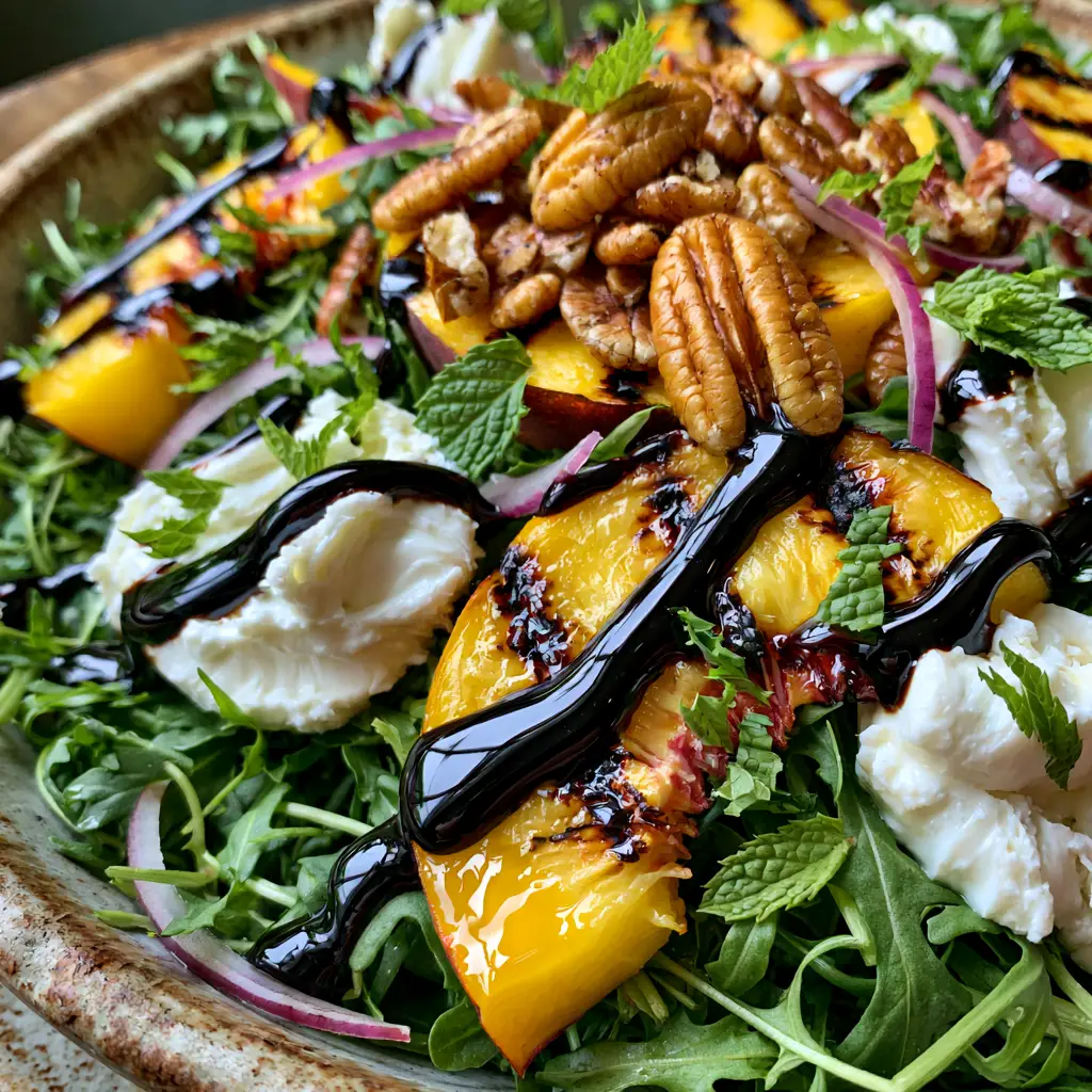 Extreme close-up of creamy goat cheese and obsidian balsamic glaze on a fresh peach salad recipe.