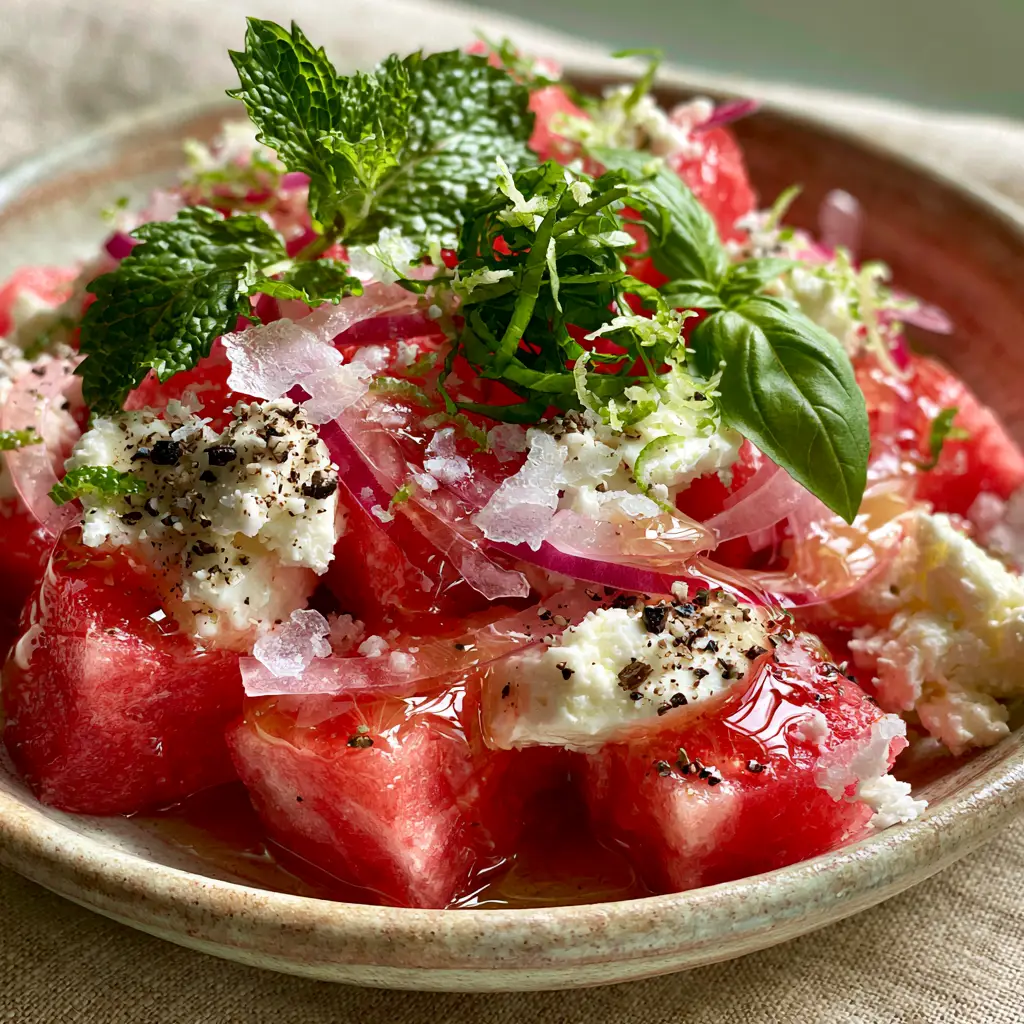 Watermelon Recipes: The Ultimate Glossy Feta and Lime-Honey Salad 1 Close up of thick feta crumbles and lime-honey glaze on top of watermelon recipes.