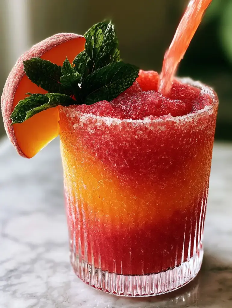 A vibrant sunset swirl of orange and pink alcoholic slushies in a high-end glass on a marble countertop.