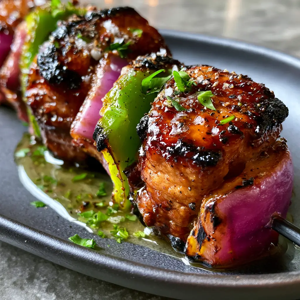 Glistening amber glaze pooled around grilled pork tenderloin skewers with fresh parsley garnish.