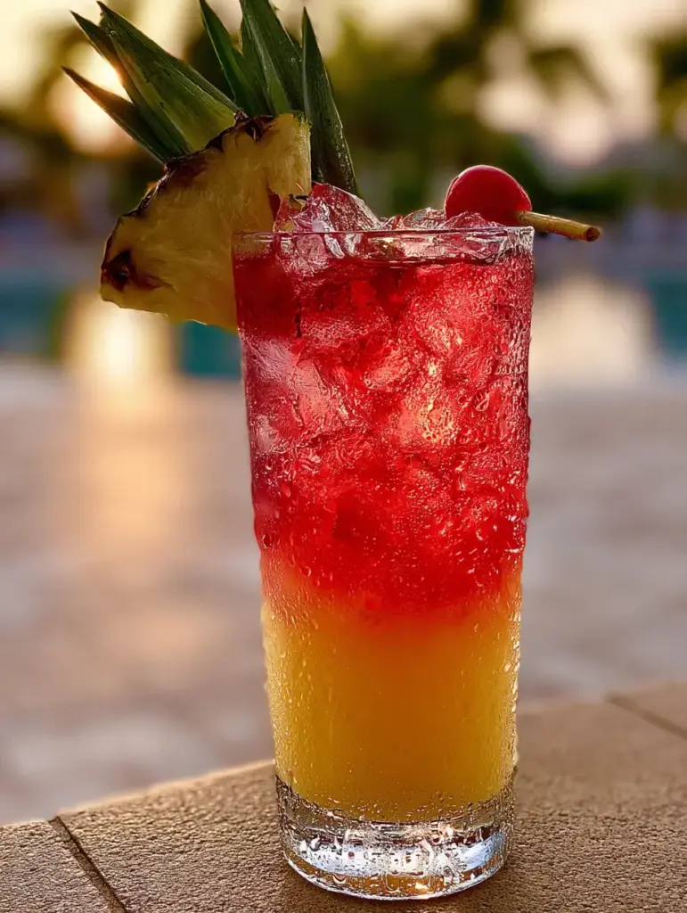 Malibu Bay Breeze Cocktail Recipe: The Ultimate Tropical Layered Drink 1 Close up of the charred pineapple garnish and maraschino cherry on a Malibu Bay Breeze Cocktail.