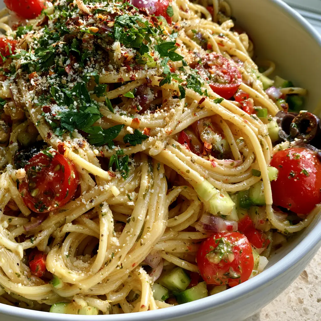 Top view of Spaghetti Salad garnished with grated parmesan, red pepper flakes, and fresh parsley on a light stone countertop.