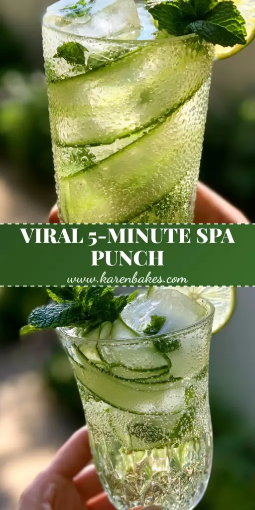 A tall crystal glass of Sparkling Cucumber Punch with translucent ribbons and beaded condensation. (Cucumber Punch)
