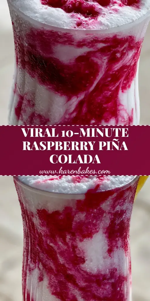 A tall ribbed hurricane glass featuring a thick white raspberry piña colada with a deep magenta puree swirl, garnished with a pineapple wedge and leaf.